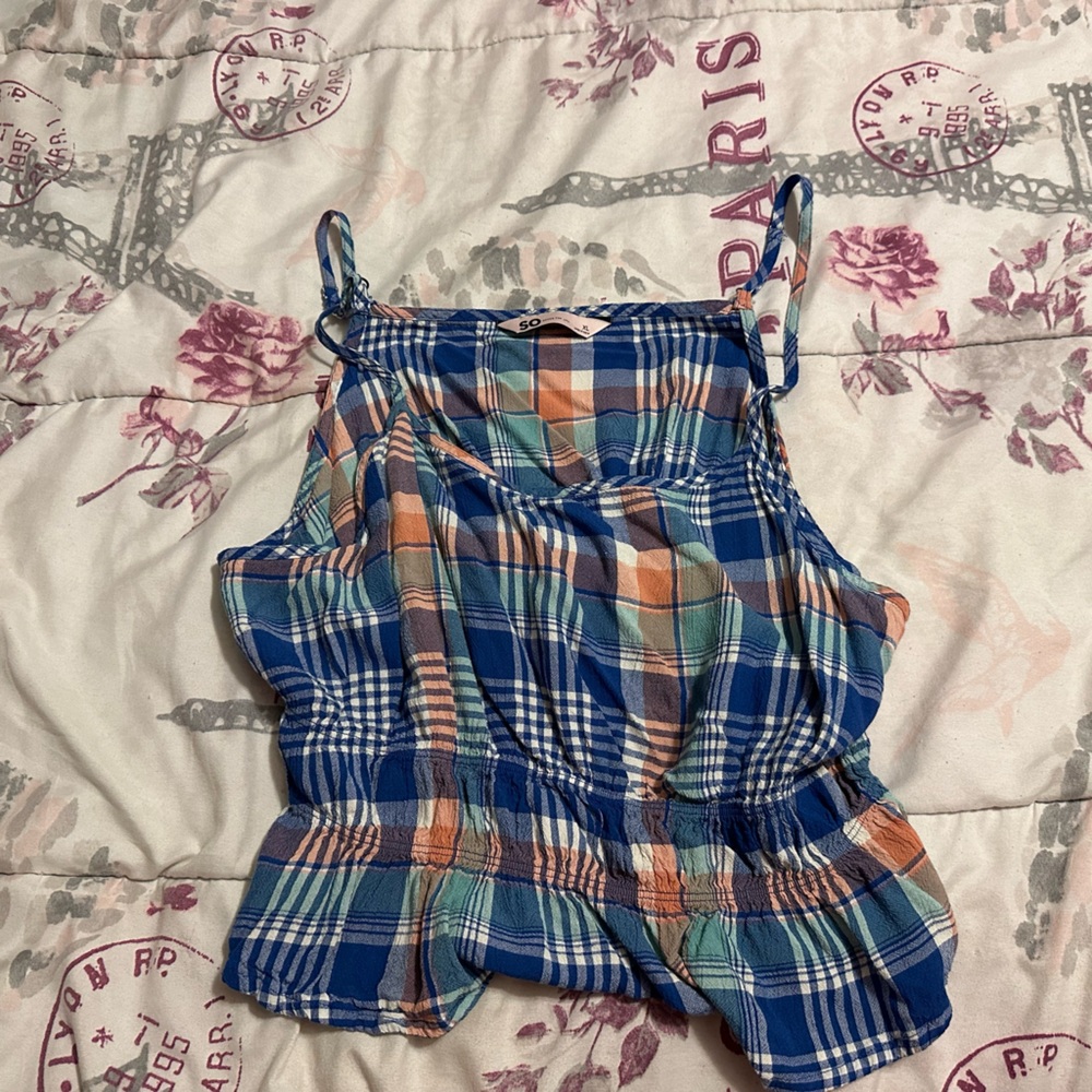 NWT SO JRS. XL PLAID BLUE AQUA BLUSH CINCH WAIST CROPPED CRINKLE TANK TOP